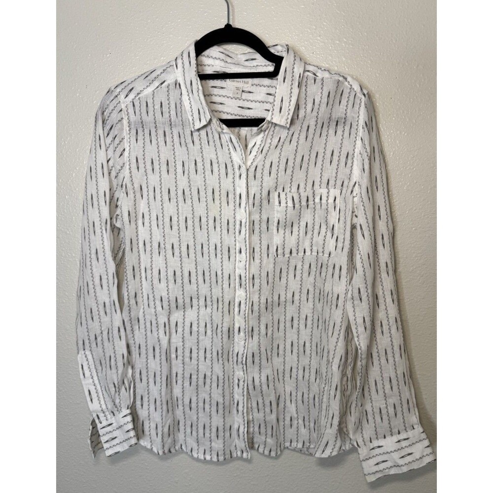 Garnet Hill  White 100% Linen Pattern Printed Long Sleeve Button Up Shirt Size 8